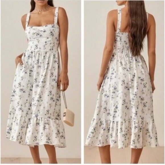 NEW Reformation Maegan Linen Dress Floral White Midi Dress Madeleine | US 0 UK 4 - Picture 1 of 12